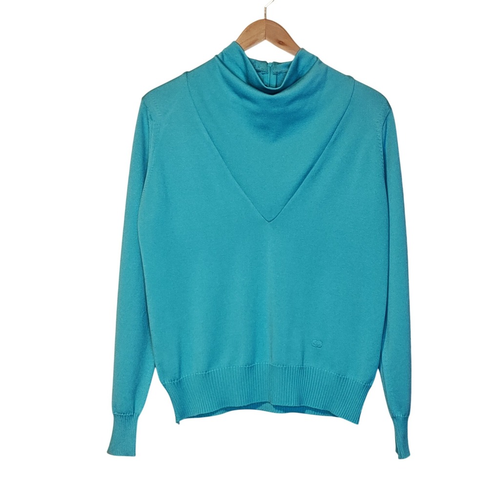 Givenchy Sport Sweater Womens 40 US 8 Turquoise Blue VTG 70s Qiana Mock Neck Zip